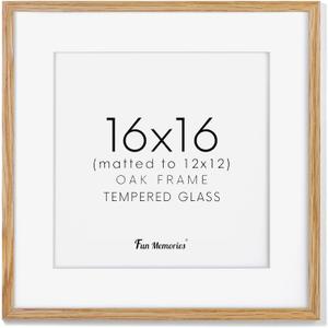16x16 Oak Wood Picture Frame, 16"x16" Picture Frame Matted to 12"x12", Square Frame 16 x 16 with Real Glass, 16x16 Wood Frame for Wall - Beige Oak Color, 1 Pack