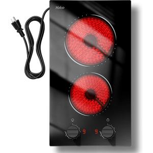 Hobsir 2 Burner Electric Cooktop 110v, Plug in Electric Stove Top, 2000W Electrical Stove Top Burner, 12 Inch Countertop & Built-in Ceramic Cooktop, Knob Control, 9 Power Level