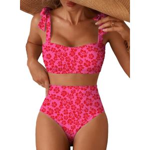 Herseas Women's Tie Shoulder Bikini Sets 2 Piece Striped Swimsuits High Waisted Bathing Suits (Red, M)