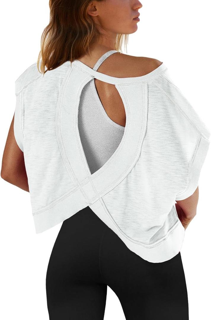 SENSERISE Womens Open Back Workout Tops Backless Short Sleeve Athletic Shirt Running Crop Top Gym Yoga Tee (Medium, Snow White)