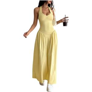 SOLY HUX Women's Maxi Dress Halter Tie Back Sleeveless A Line Flared Long Dresses Solid Yellow S