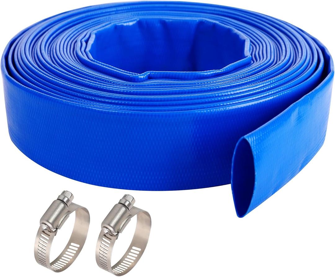 2.5" x 100 FT Pool Backwash Hose, Blue Heavy Duty Reinforced PVC Lay Flat Water Discharge Hose for Swimming Pool Filter Pump,with 2 Clamp
