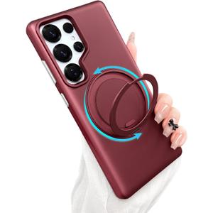 ankofave Magnetic for Samsung Galaxy S25 Ultra Phone Case with 360 Spin Stand, Matte Luxury Metallic Luster, 3.0 mm Thick Protection Hard PC Scratch-Resistant Protective Case 6.8", Wine Red