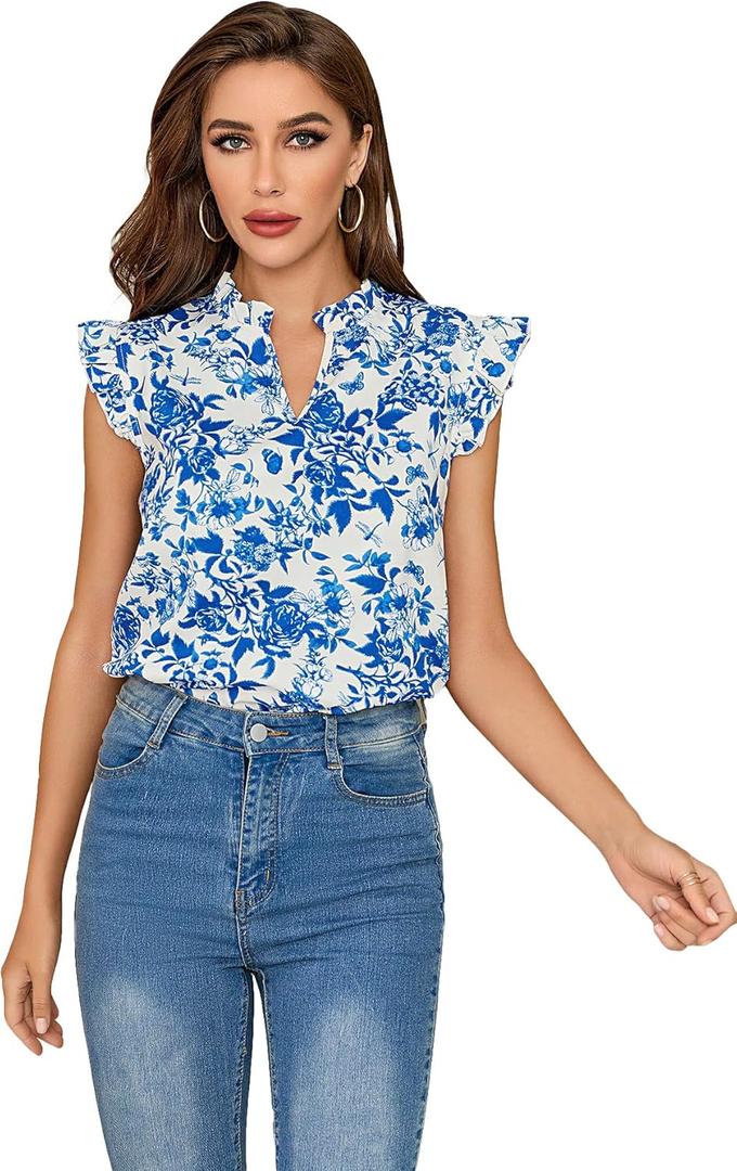 WDIRARA Women's Floral Print Notched V Neck Ruffle Cap Sleeve Blouse Boho Tops Blue L