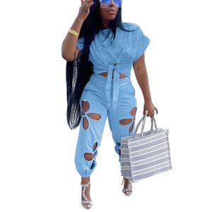 KEYUFANG Women 2 Piece Outfit Casual Summer Set Crop Top Sweatpants Women Trendy Blue Jumpsuit with Pocket, Large