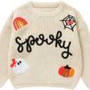 Halloween Toddler Girl Sweater Spooky Hand Embroidered Sweater Fall Ghost Pumpkin Outfit 1-5Y Beige