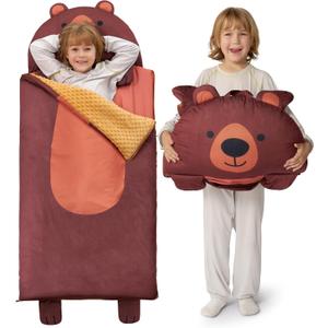 JOIEDOMI Kids Sleeping Bag 4 5 6 Year Old Girl Gifts Toddler Nap Mat with Pillow & Blanket 60" x 27" for Kids Ages 3+ Soft Plush Sleeping Mat for Preschool and Boys Girls (Brown Bear)