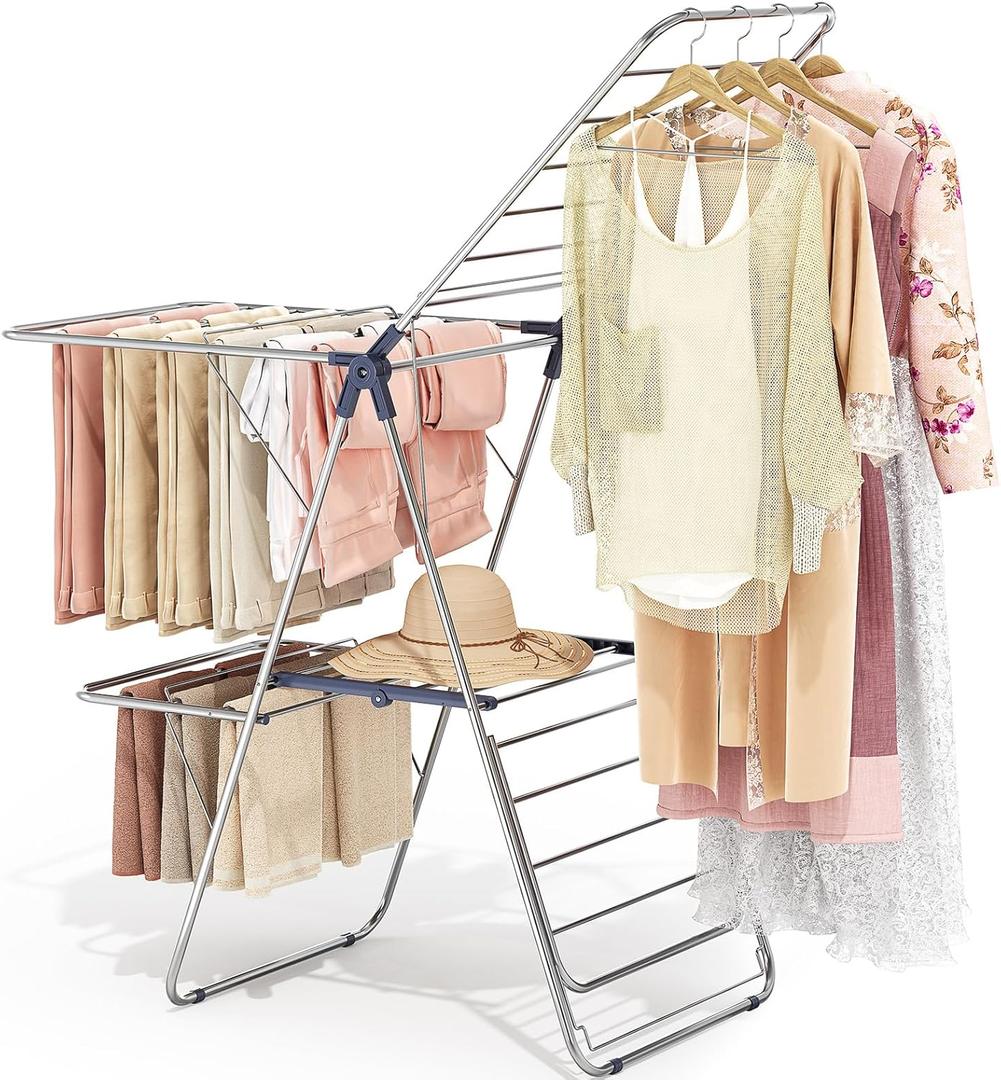 APEXCHASER Clothes Drying Rack with 4 Wings, Stainless Steel Drying Rack Clothing with Height-Adjustable, Foldable Gullwings Laundry Drying Rack, Indoor Outdoor Use, No Assembly, Regular Blue