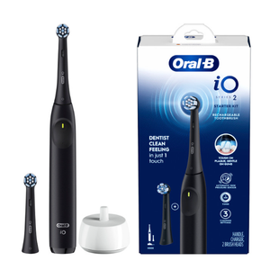 Oral-B iO Series 2 Rechargeable Electric Powered Toothbrush Starter Kit, Night Black with 2 Brush Heads - Automatic Pressure Sensor to Protect Gums - 3 Modes - 2 Min Timer