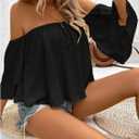 SweatyRocks Women's Sexy Cute Off Shoulder Ruffle Hem Flowy Chiffon Blouses Top (Black, XL)