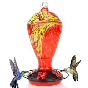 Hummingbird Feeder 32 OZ Hummingbird Feeders for Outdoors Hanging Attractive Hand Blown Glass 5 Feeding Ports & Metal Base Ant Moat Hook Leakproof Gasket Anti-Rust Feeder for Garden Backyard Décor
