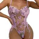 Lilosy Plus Size Women Sexy Lace Up Floral Embroidered Teddy Babydoll Lingerie Bodysuit Top Mesh Sheer One Piece See Through Butterfly Light Purple 3X-Large