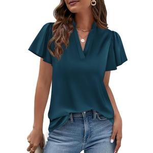 PRETTYGARDEN Women's 2026 Summer Satin Blouses Dressy Casual Ruffle Cap Sleeve V Neck Business Work Cute Tops Spring Outfits (Dark Blue)