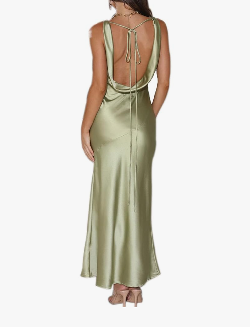 Womens Elegant Satin V Neck Backless Sleeveless Maxi Dress Silk Tie Low Back Formal Cocktail Dresses Wedding Guest, Size Small