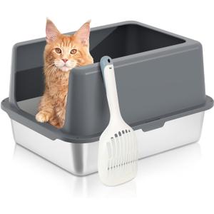 Stainless Steel cat Litter Box, Covered Metal Litter Box, cat Litter Pans with high Sides, Kitty Litter Boxes for Indoor Cats (Non Sticky, Easy to Clean, Anti-Urine Leakage) 17.5" L x 13.5" W x 4" H