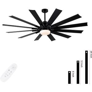 72 Inch Large Ceiling Fan with Light,12 Blades Reversible DC Ceiling Fan,6 Speeds Remote ControlDimmable 3 Color Temperatures LEDModern Black Ceiling Fans For Indoor or Covered Outdoor Use