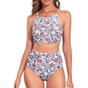 Herseas Women's Bikini Sets High Neck Tropical Leaf Print High Waisted Two Pieces Swimsuits Bathing Suits (Medium, Red Floral)