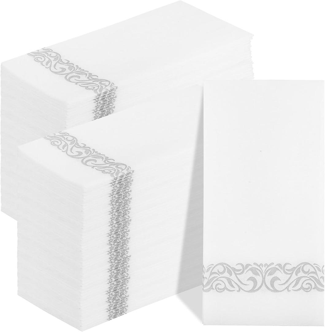 200 PCS Silver Napkins Disposable Hand Towels, Soft and Absorbent Linen Feel Dinner Napkins, White and Silver Paper Napkins, Elegant Decorative Paper Guest Towels for Bathroom Kitchen Wedding Party