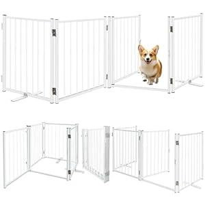 Metal Freestanding Dog Gate Puppy Gate 23.6 Inches Height Step Over Pet Fence, Free Standing Indoor Outdoor Expands Up to 80 Inches Black Doggie Gates for Doorways Stairs