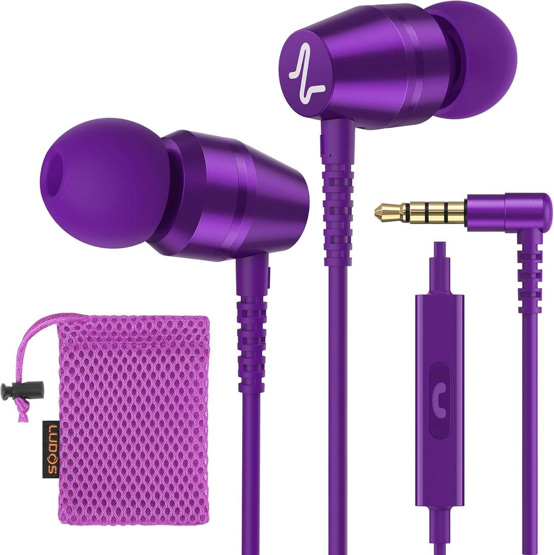LUDOS OMNITONE Wired Earbuds in-Ear Headphones, Earphones with Microphone, 3.5 mm Jack Corded Ear Buds, Videoconference for iPhone, Samsung, Laptop, Kids, School Students - Purple