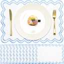 Linen Placemats Set of 12 Scalloped Placemat 13 X19 Wavy Embroidery Double Layered Washable Farmhouse Dinner Fabric Table Mat Napkin for Wedding Party Christmas Hotel Restaurant(Sky Blue)