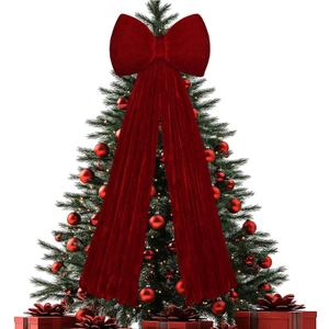 Gejoy Christmas Velvet Red Bow Christmas Tree Topper Bow Decorations 17.7''x9.8'' Red Xmas Decorations for Xmas Tree Home Wreath Front Door Fireplace