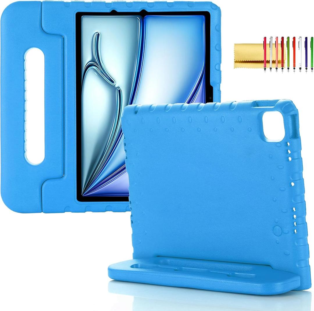 Kids Case for iPad Pro 11" M5 M4 & iPad Air 11" 2025/2024 Shockproof Case with Pencil Holder, Techcircle Rugged Handle Stand Lightweight EVA Foam Bumper Protective Child Drop Proof Cover, Blue