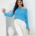 2025 Fall Cropped Sweater for Women Off The Shoulder Pullover Fluffy Knit Fashion Crop Top Holes Design (Blue)