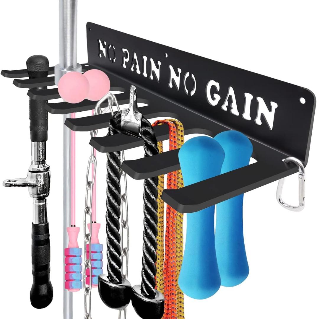 Gym Home Rack 8 Hook Heavy-Duty Wall-mounted Organizer Multi-Purpose Workout Gear Wall Hanger Storage for Resistance Bands Jump Ropes Lifting Belt Fitness Bands Barbells Carabiners Included (NO PAIN NO GAIN)