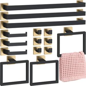 Gisafai 15 Pcs Black Gold Bathroom Hardware Accessories Set 23.6 Inch Bath Towel Bar Kit Stainless Steel Bathroom Hardware Set Towel Racks Ring Robe Hooks Paper Holder for Wall Mounted