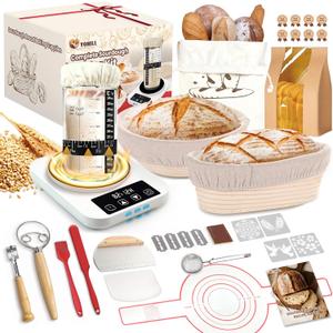 Sourdough Starter Kit with Warmer, Glass Jar and Banneton Bread Proofing Basket - Complete Sourdough Bread Baking Supplies, Sour Dough Making Essentials Tools, Gift for Bakers Beiginner Women Wife Mom