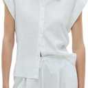 SUNNOW Women's Classic Button Down Shirt Cap Sleeve Top with Shirt Collar Straight Fit Casual Blouse for Work & Everyday Wear, Medium