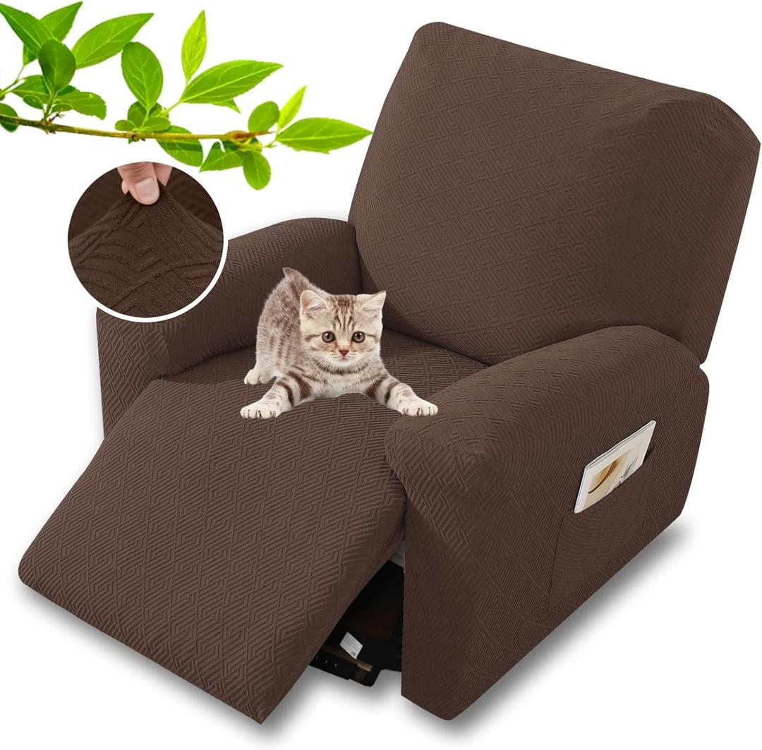 XINEAGE Stretch Recliner Chair Covers 4 Piece Recliner Covers with Storage Pockets Soft and Washable Recliner Slipcover Furniture Protector with Elastic Bottom Fit Pets & Kids (Coffee)