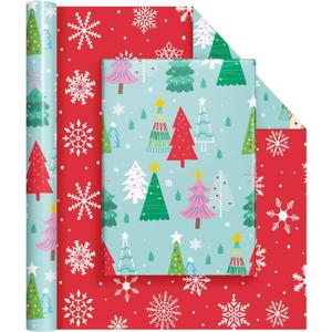 WERNNSAI Christmas Tree Wrapping Paper - 1 Roll 17x 33 ft Christmas Gift Wrap Paper Reversible Snowflake Wrapping Supply Red Green Holiday Gift Wrap for Kids Family Friends Xmas Winter Party