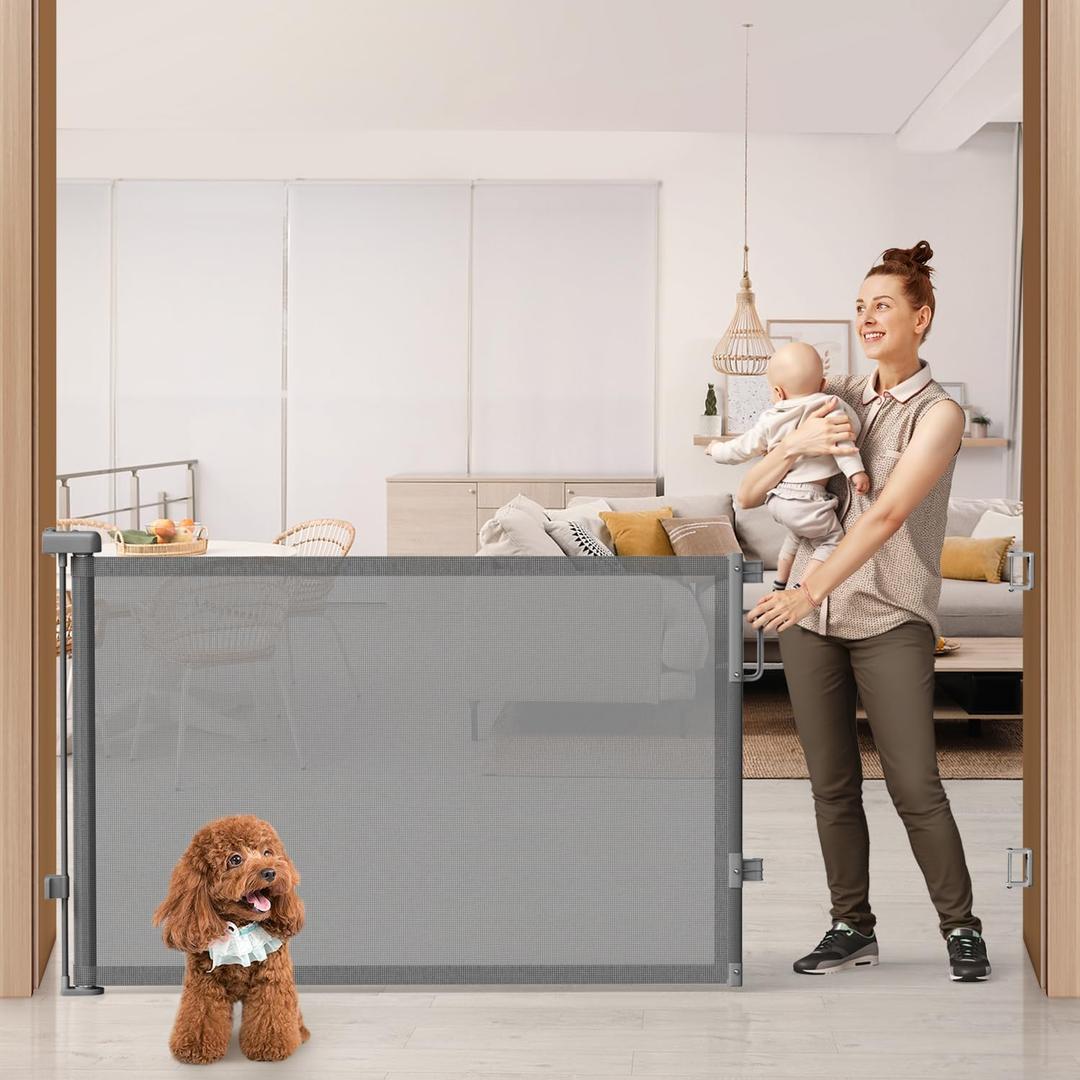 76" Retractable Baby Gates Extra Wide, Mesh Long Dog Gate for Wide Openings, Indoor Outdoor Stair Gate for Doorways Hallways Deck Porch, Child Pet Safety Essentials for Home, Grey (Gray)