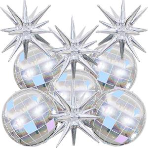 9Pcs Disco Ball Balloons Iridescent,22Inch Glitter Silver 4D Large Foil Disco Balloons with Explosion Star Balloon for Birthday Bachelorette 70s 80s 90s Disco Theme Party Decorations