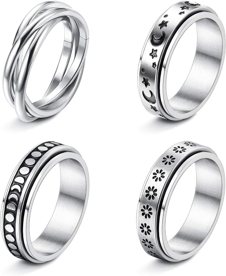 FUNRUN JEWELRY Stainless Steel Fidget Anxiety Ring for Women Men Fidget Spinner Rings Moon Star Celtic Stress Relieving Spinning Ring Wedding Band Rings Set,4-6Pcs (Silver Tone)