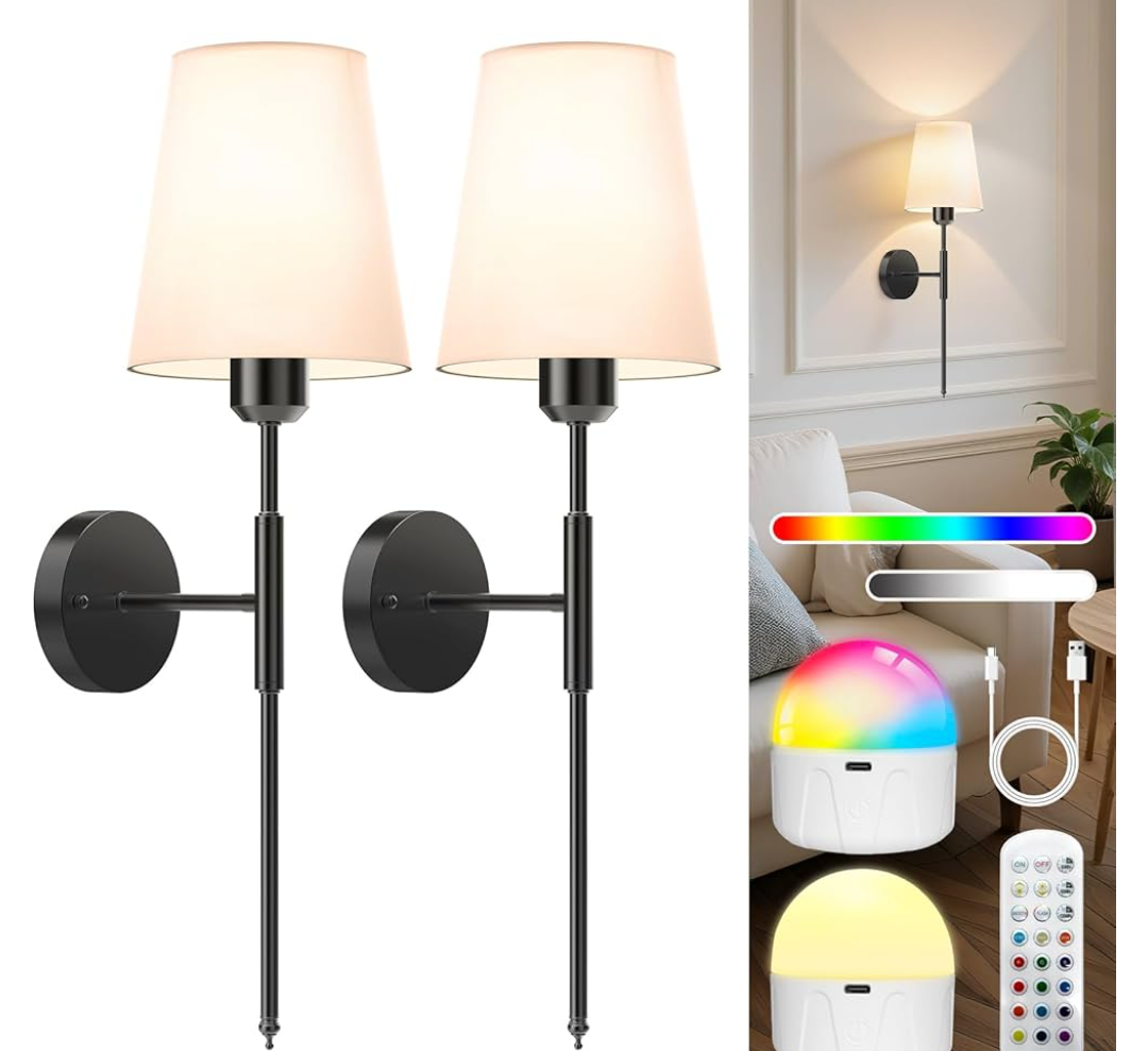 24 inch Battery Operated Wall Sconces Set of 2, Wireless Wall Lights with Rechargeable Bulbs & Remote, 15 Colors & Dimmable, Battery Powered Wall Lights for Bedroom, Living Room, Hallway, Black