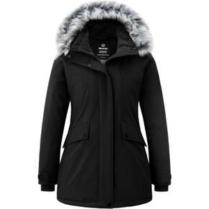 Wantdo Women's Down Jacket Water Resistant Warm Winter Parka Long Puffer Coat with Fur Hooded (Large, Black)
