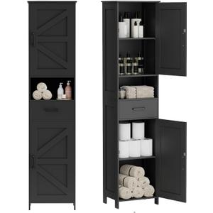 Homhedy 67" H Tall Bathroom Storage Cabinet with 2 Barn Doors and 1 Drawer, Narrow Storage Unit, Adjustable Shelves, Floor Cabinet for Bathroom, Living Room, Entryway, Kitchen, Black, (15.7" W)