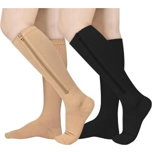 Athbavib 2 Pairs Zipper Compression Socks, 15-20 mmHg Closed Toe Compression Stocking with Zipper for Women and Men Size S/M