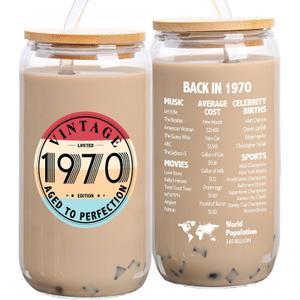 55th Birthday Gifts for Women - 1970 55th Birthday Decorations Gifts for Her Him Men 55 Year Old Bday Gift for Women Mom Wife Turning 55 Gift Glass Cup with Straw