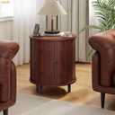 FROMJBEST Side Table, Round End Table with Storage, Nightstand, Walnut | Fluted Accent Side Table, Sliding Door, Mid-Century Nightstand, For Small Spaces