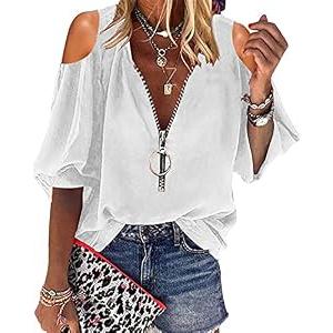 Cnkwei Womens V-Neck Lantern Sleeve Blouse Zipper Design Loose Casual Top Shirts Z-White, Medium