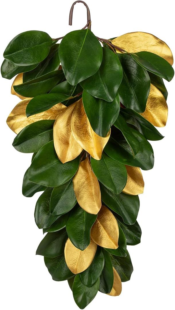Christmas Gold Leaf Holiday Teardrop Swag 27" Artificial Magnolia Greenery Hanging Decoration Elegant Front Door & Fireplace Dcor for Christmas Thanksgiving