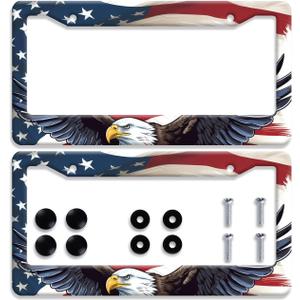 2Pcs American Flag Eagle License Plate Frame Patriotic Eagle License Plate Colorful Stainless Steel Auto Parts Funny License Plate Decoration with Screws Size 12.3 "x 6.3"