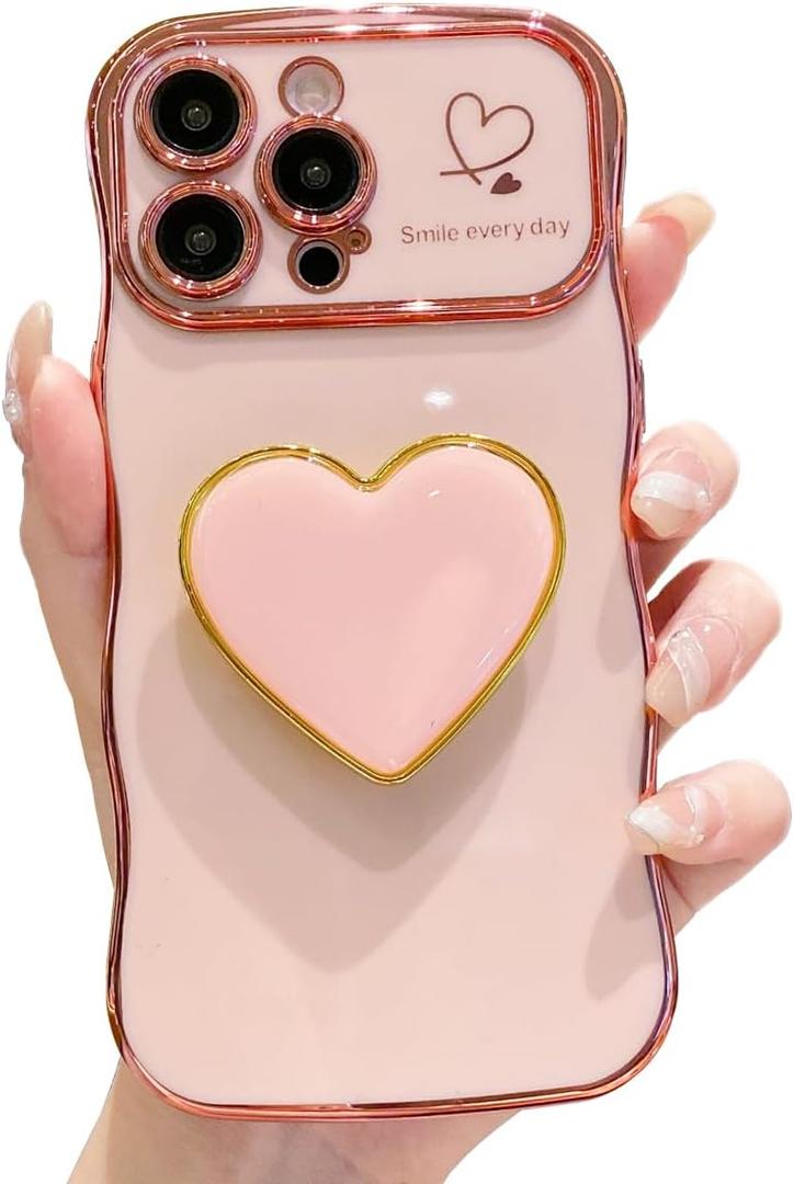 Compatible with Cute iPhone 13 Pro Max Case, Pink Wave Frame Curly Shape Phone Case with Love Heart Kickstand Raised Camera Protection Luxury Plating Shockproof TPU Protective Cover for Women Girls