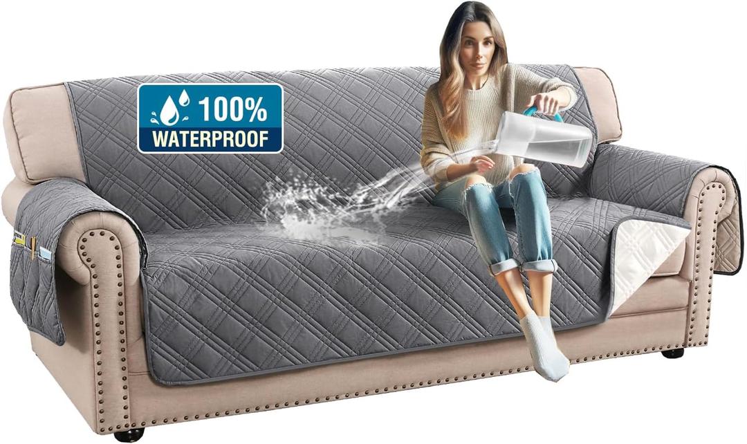 H.VERSAILTEX 100% Waterproof Couch Covers for 3 Cushion Couch Sofa Modern Sofa Slipcovers with Elastic Straps Thick Soft Furniture Protector Pet Friendly(Sofa, Grey/Beige)