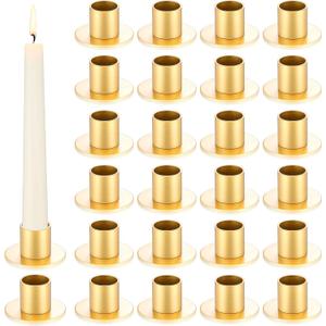 24 Pcs Gold Taper Candle Holders Bulk for Pillar Candles Metal Short Candlestick Holder Gold Centerpieces Decoration for Christmas Thanksgiving Anniversary Dinner Party