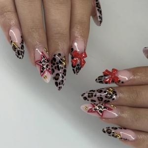 Stiletto Press on Nails Medium Leopard Fake Nail Leopard Acrylic Nail Press ons Bow Stick on Nail for Women 24pcs